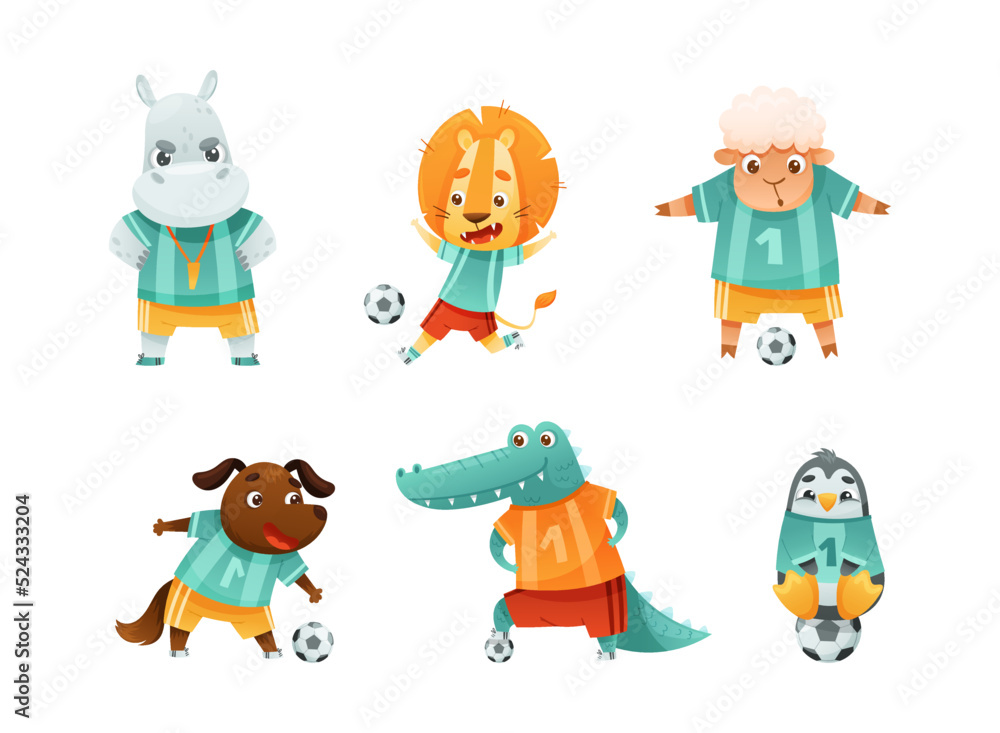 Wild Animal Characters Playing Football Wearing Uniform Passing Ball Vector Set Wild Animal Characters Playing Football Wearing Uniform Passing Ball Vector Set