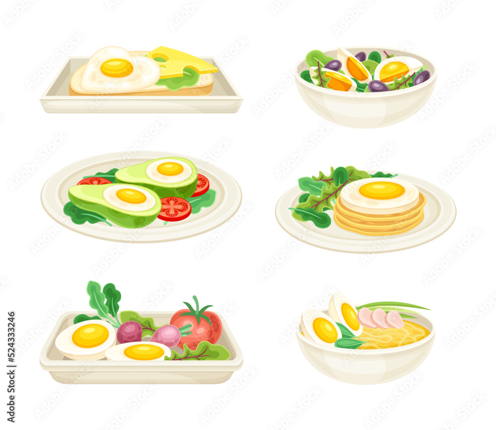 Tasty Dishes with Eggs Served on Plate as Savory Breakfast Meal Vector Set Tasty Dishes with Eggs Served on Plate as Savory Breakfast Meal Vector Set