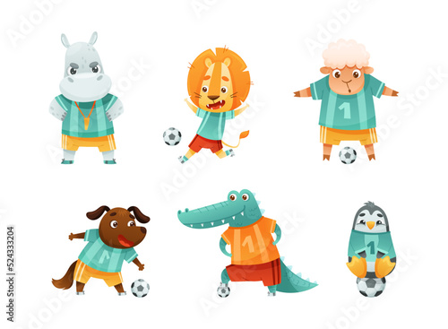 Fototapeta Naklejka Na Ścianę i Meble -  Wild Animal Characters Playing Football Wearing Uniform Passing Ball Vector Set