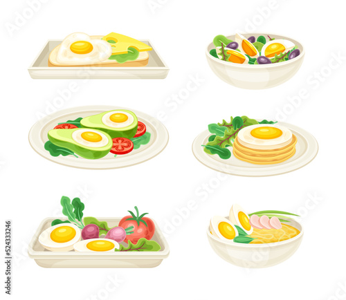 Tasty Dishes with Eggs Served on Plate as Savory Breakfast Meal Vector Set