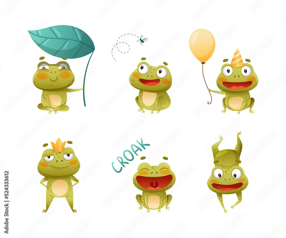 Obraz premium Cute Green Frog or Toad Character Engaged in Different Activity Vector Set