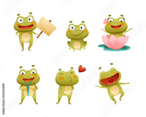 Cute Green Frog or Toad Character Engaged in Different Activity Vector Set