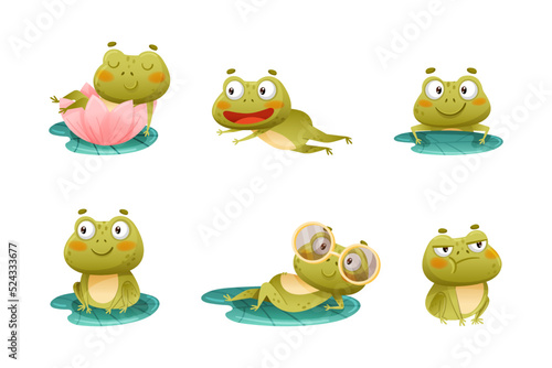 Cute Green Frog or Toad Character Engaged in Different Activity Vector Set