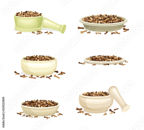 Pile of Dried Clove Aromatic Spice in Mortar with Pestle and Scattered Around Plate Vector Set