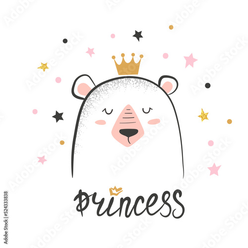 Cute bear princess vector illustration. Baby print