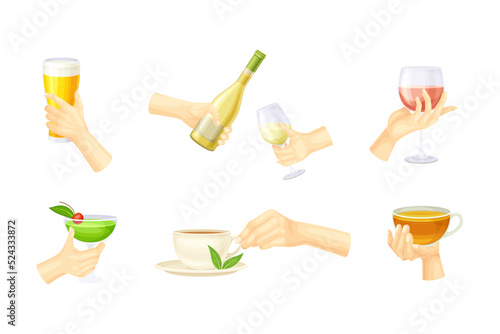 Hands Holding Different Drinks with Glass of Champagne, Beer and Tea Cup Vector Set