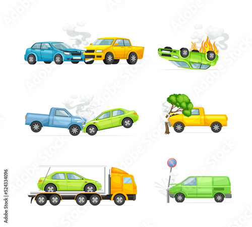 Car Crash and Road Traffic Accidents in Different Situation Vector Set