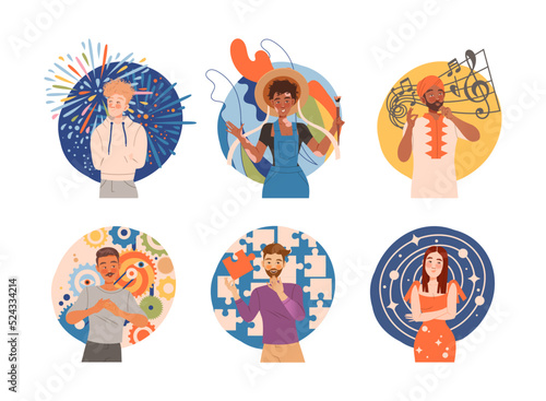 People with Different Types of Thinking with Positive, Creative, Musical and Analytical Mental Mindset Vector Set