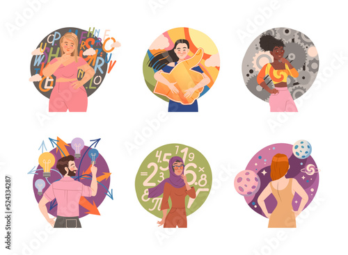 People with Different Types of Thinking with Positive, Creative, Mathematical and Visual Mental Mindset Vector Set