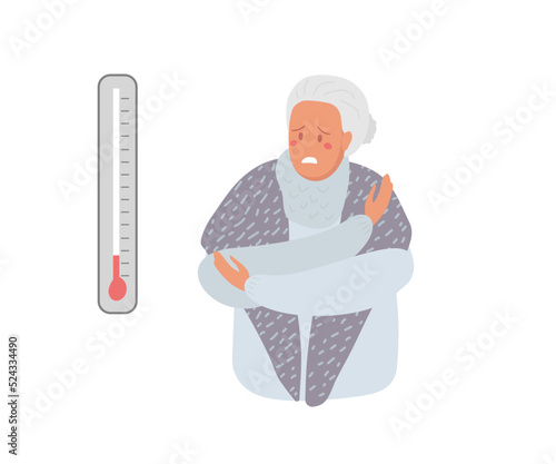 Elderly woman looking at thermometer and freezes. Senior woman escapes from cold, hugs herself with her hands, trying to keep warm. Mature lady wears warm shawl or winter handkerchief. Flat vector