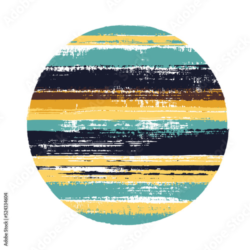 Vintage circle vector geometric shape with stripes texture of ink horizontal lines. Old paint texture disk. Badge round shape circle logo element with grunge stripes background.