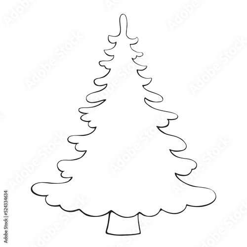Pine, fir, tree vector contour silhouette in doodle style, isolated. Clipart, symbol merry christmas and happy new year. Template for creativity, greeting card, laser, plotter cutting, application