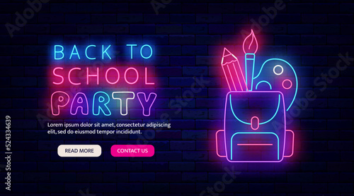 Back to school party neon promotion flyer. Backpack with stationery. Night club greeting card. Vector stock illustration