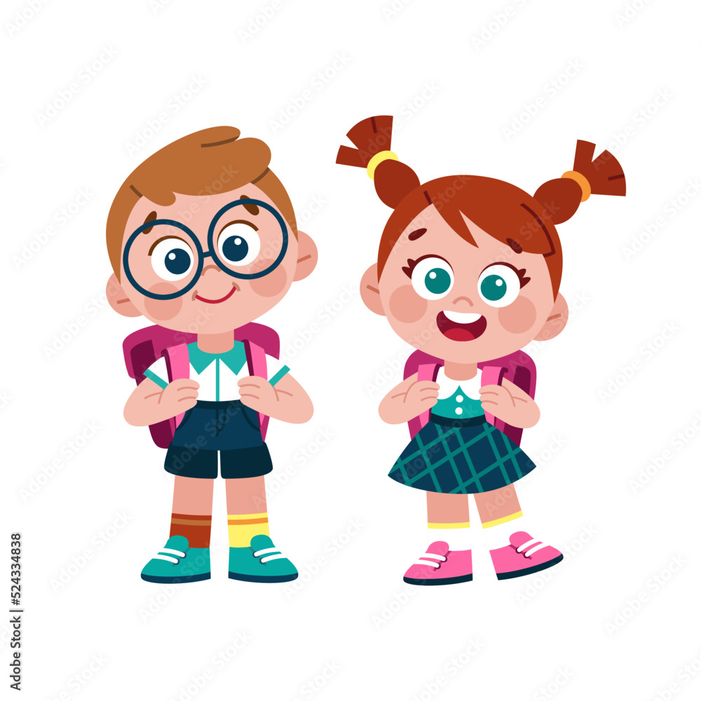 Cute little school boy and school girl with backpacks. Vector cartoon character with 1 September and school theme. Smiling children in school uniform.