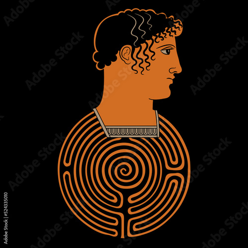 Head of ancient Greek hero on top of a round spiral maze or labyrinth symbol. Theseus. Creative mythological concept. On black background.