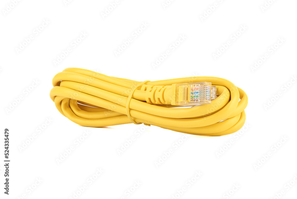 Twisted yellow cable with LAN or Ethernet connectors on a white background. Twisted yellow cable with LAN or Ethernet connectors on a white background.