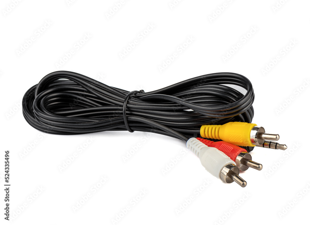 Twisted black cable with RCA connectors for analog signal transmission. Twisted black cable with RCA connectors for analog signal transmission.