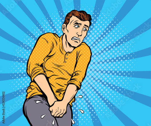 man having pain to urinate. hand drawn style vector design illustration.