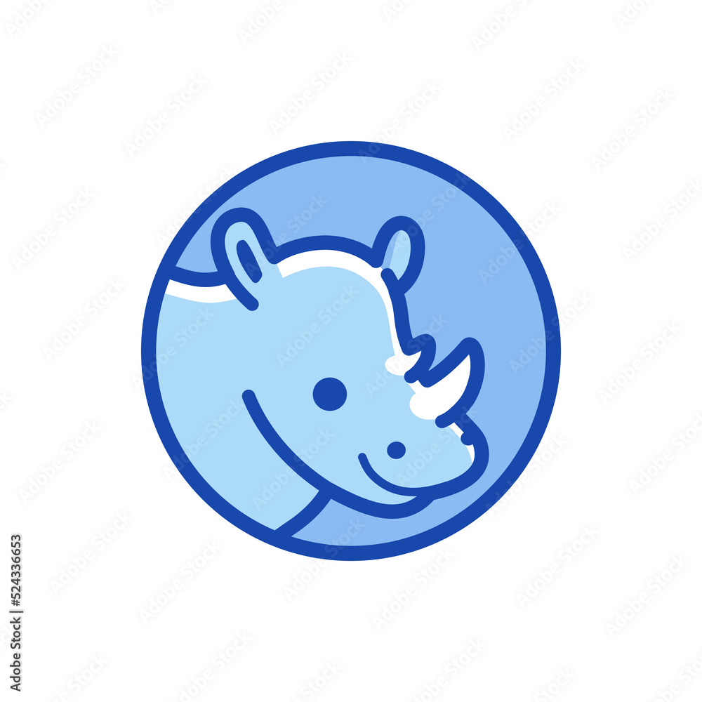 Vector logo design template - cartoon happy rhino head. Contour vector illustration for logo, emblem, badge, insignia. Vector logo design template - cartoon happy rhino head. Contour vector illustration for logo, emblem, badge, insignia.