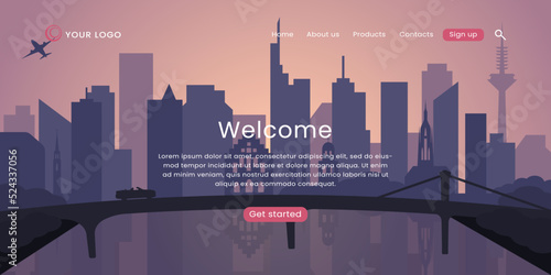 City silhoette vector template for landing page. City skyline at sunset. Vector illustration of Frankfurt am Main.