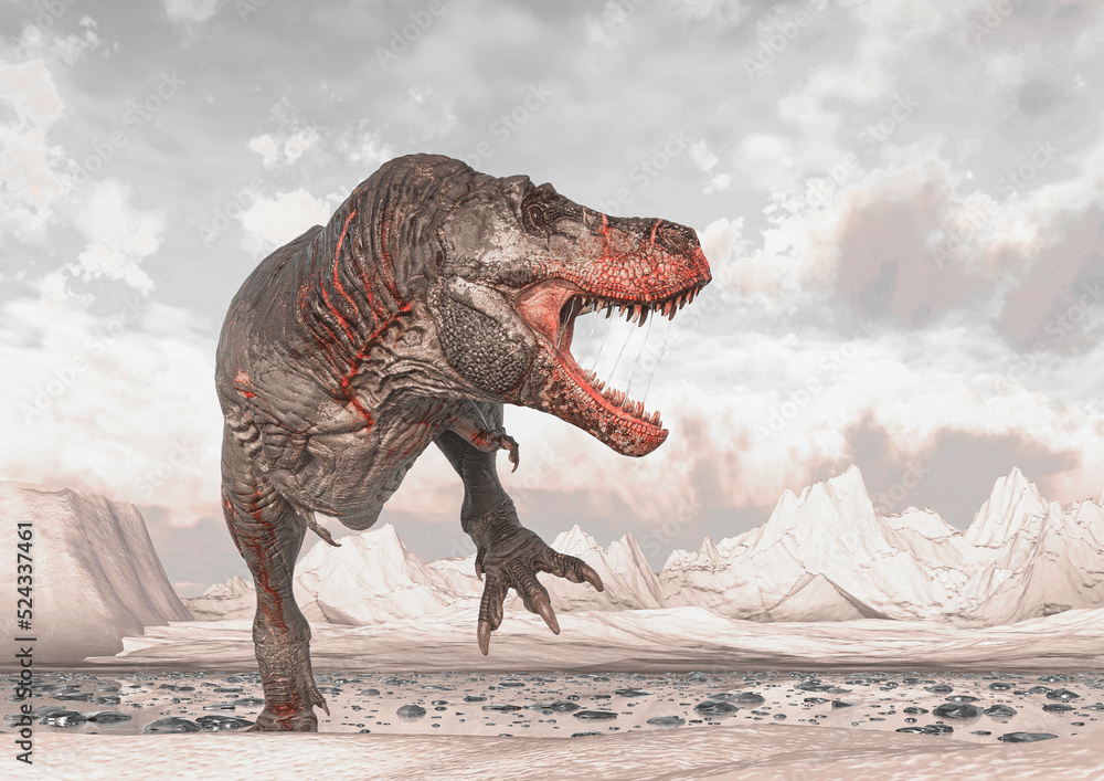 Fototapeta premium tyrannosaurus rex is under attack on ice land