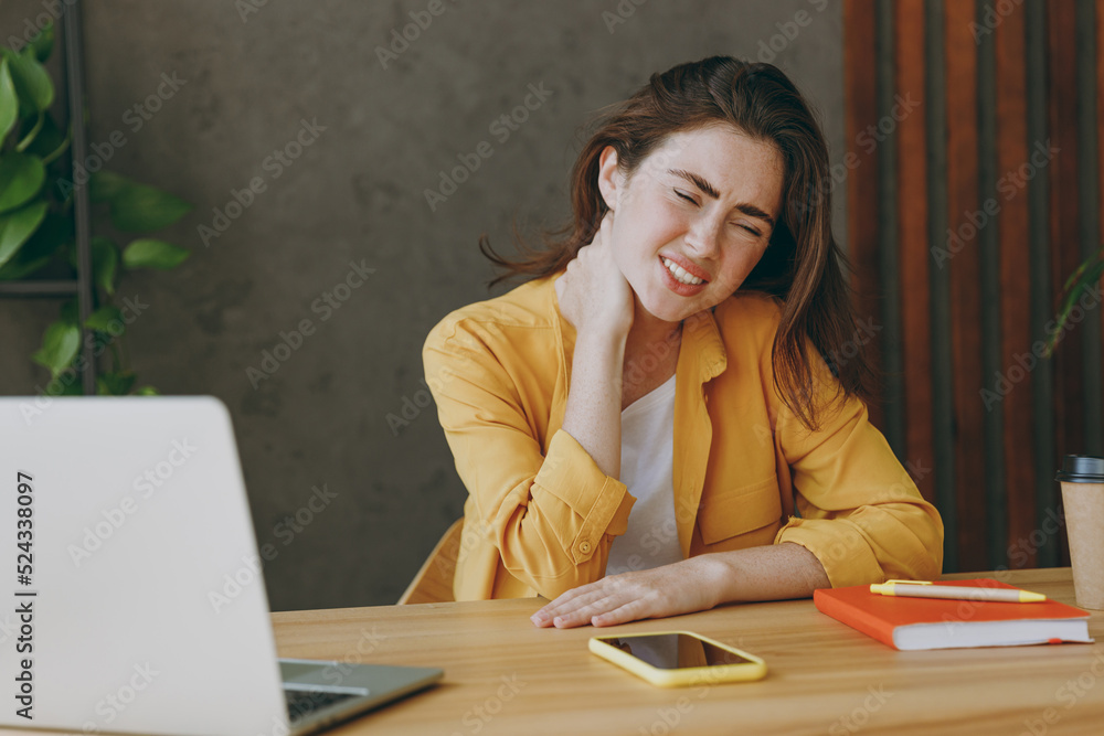 Young sad tired stressed employee business woman wear casual yellow ...