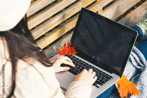 Girl uses a laptop while sitting on a bench in the autumn park. Blank for design on laptop screen