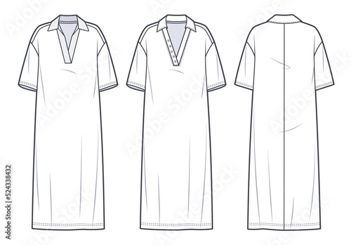 Oversize Polo Tee Dress technical fashion illustration.  Jersey midi Dress fashion flat template, ribbed collar, front and back view, white colour, CAD mockup, set.