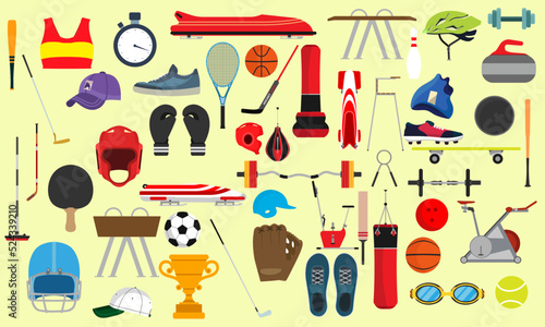 Sport item game for soccer, tennis, football and graphic equipment isolated white set vector illustration. Element championship or fitness and leisure object. Collection activity recreation sign