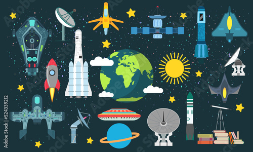 Space set science galaxy astronomy and technology universe cartoon. Explorer planet collection vector illustration. Cosmos icon art satellite and spaceship transportation. Cosmonaut element futuristic