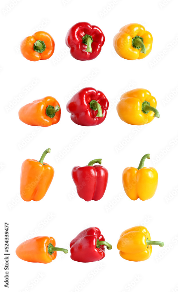 Orange, red and yellow sweet paprika isolated on white Orange, red and yellow sweet paprika isolated on white