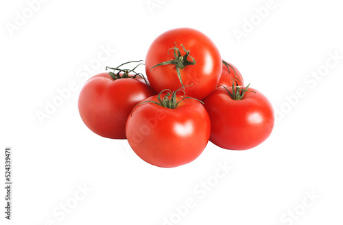 Five ripe tomatoes on white background. Closeup. Day light