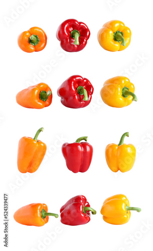 Orange, red and yellow sweet paprika isolated on white