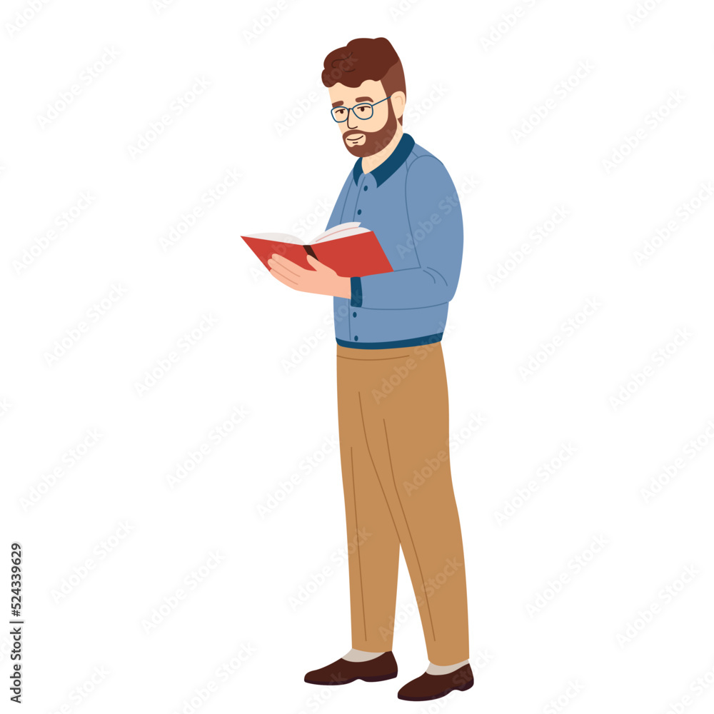 Adult reading man stand with book. Professor holding textbook. Reader standing with novel. Smart mature bookworm. Vector cute flat illustration isolated on white background. Adult reading man stand with book. Professor holding textbook. Reader standing with novel. Smart mature bookworm. Vector cute flat illustration isolated on white background.