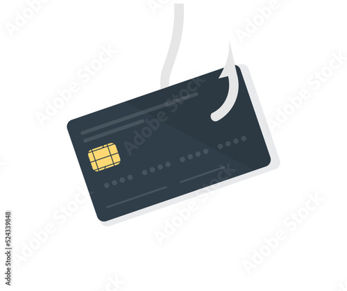 Credit card phishing - piles of credit cards with a fish hook logo design. Safe online banking, cyber attack, network data security, secure bank vector design and illustration.

