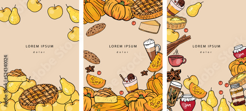 Set of template with autumn food. Poster, menu with pumpkin, apple pie, jam, tee, cup of coffee, spices, latte, dessert, lemon tart, pear, cookies, cinnamon, cheesecake, anise on beige background