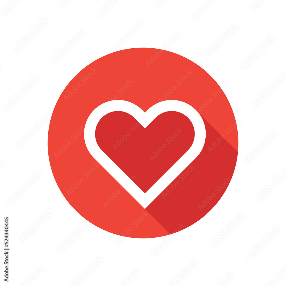 Love, heart icon, round button in long shadow style on white background. Love, heart icon, round button in long shadow style on white background.