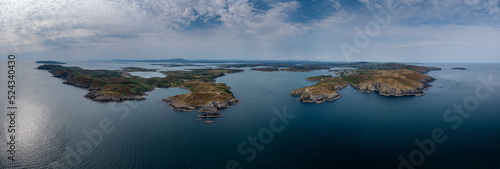 wide panorama landscape of the islands and coastline of Baltimore Harbor in West Cork County in Ireland
