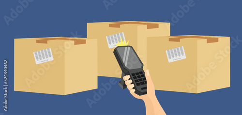 Handheld data collection terminal in hand scans barcodes on a box in a warehouse, inventory control, barcode scanner, qr codes, isolated Laser scanner of a data collection terminal on white background