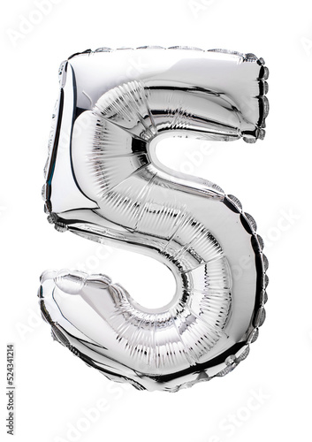 Number five in silver Mylar balloon isolated on transparent