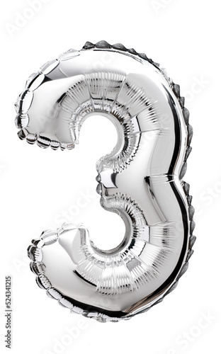 Number three in silver Mylar balloon isolated on transparent
