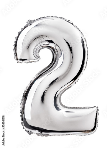 Number two in silver Mylar balloon isolated on transparent