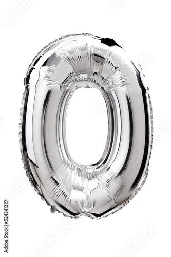 Number zero in silver Mylar balloon isolated on transparent