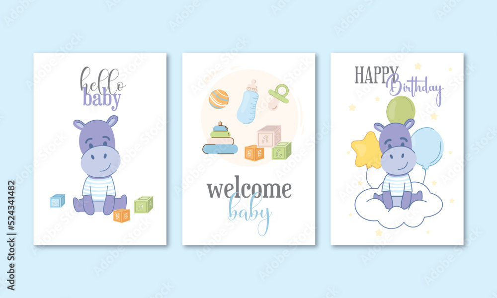 Set of cute card templates. Vector illustration in blue and yellow.