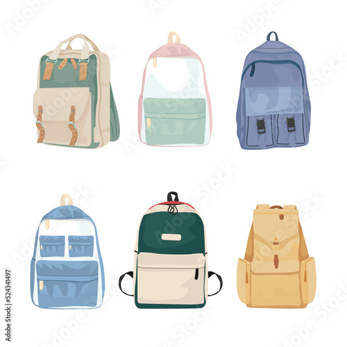Set of childish school backpacks and schoolbags vector illustration. Stylish accessories different shapes