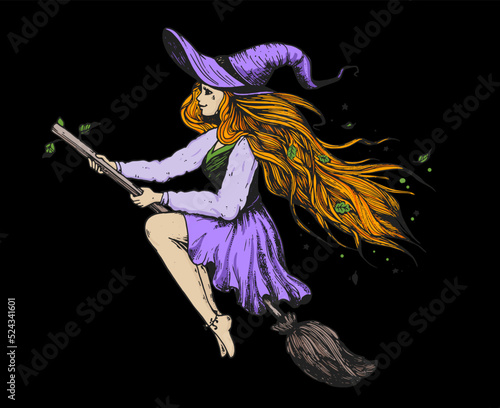 Halloween witch illustration. Girl flying on broomstick. Hand drawn vector illustration. Young woman on broom. Halloween young witch.