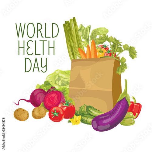 Paper bag full of food water, milk, bread, apple, orange, corn. Grocery delivery concept. Editable vector illustration on white background.