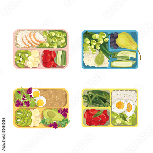 Meal Trays Filled with Food for Lunch Collection, Healthy Food For Kids And Students, View from Above Flat Vector Illustration