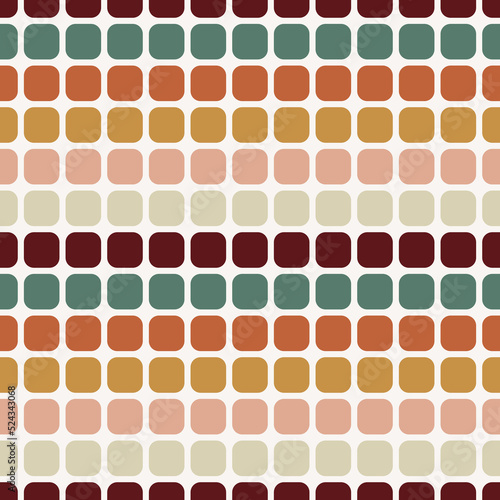 70 s seamless pattern. Retro colorful geometric square seamless background in seventies style. Groovy scrapbook paper. Yellow, orange, brown, green colors vector pattern