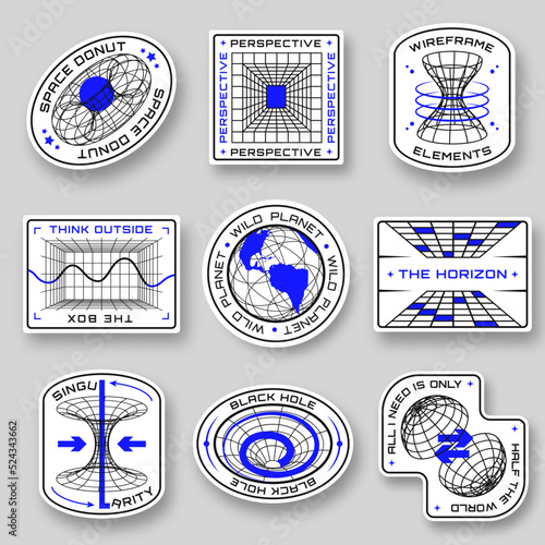Sci Fi geometric stickers. Futuristic space shapes in different forms. Badges with wireframe 3D figures. Perspective grid, futuristic design elements, chart and black hole